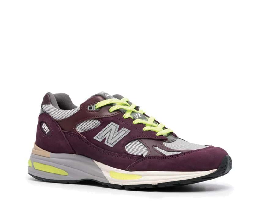 New Balance 991v2 X Patta Burgundy vista laterale — dettagli esclusivi Patta