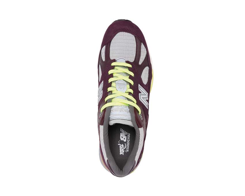 New Balance 991v2 X Patta Burgundy dettaglio — ricami e materiali collab