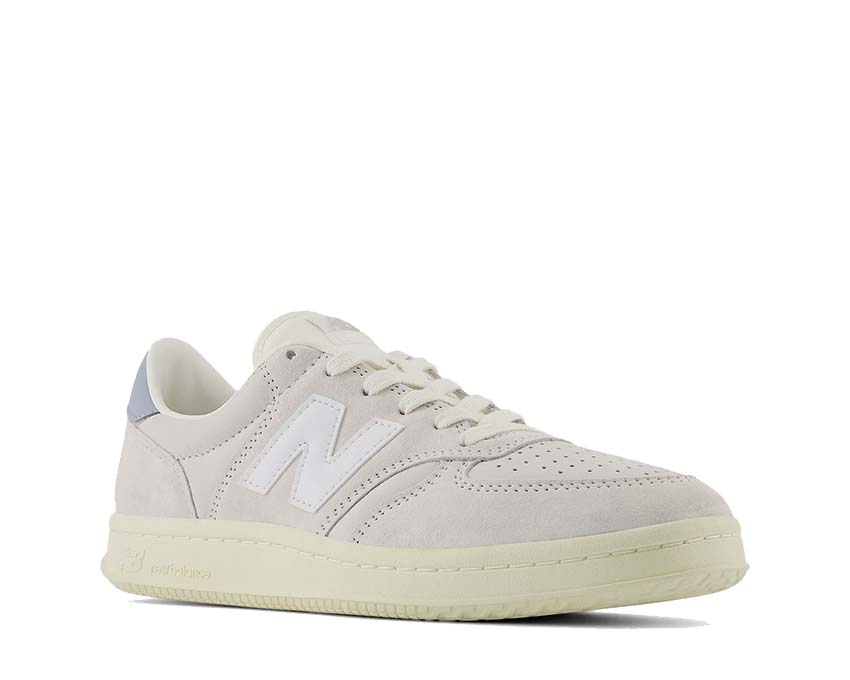 New Balance T500 Reflection White vue latérale — tige cuir blanc tennis classique