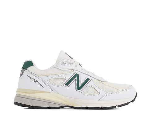 New Balance 990v4 Calcium Forest Green Made in USA — Herren cremefarbener grüner Wildleder Sneaker
