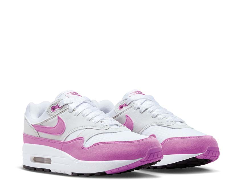 Nike Air Max 1 '87 Neutral Grey vista laterale — tomaia mesh Fuchsia Dream White