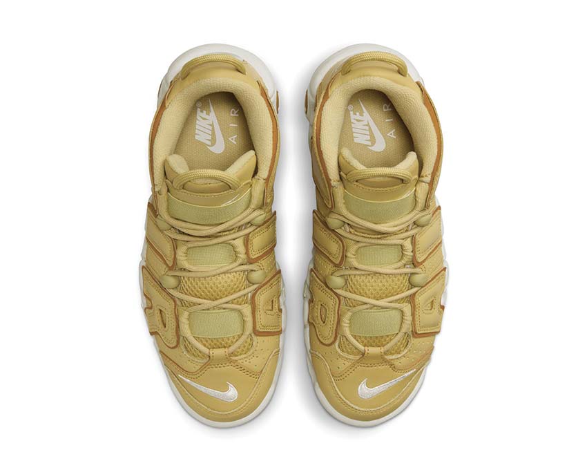 Nike Air More Uptempo W Buff Gold detail — AIR lettering leather Bronzine