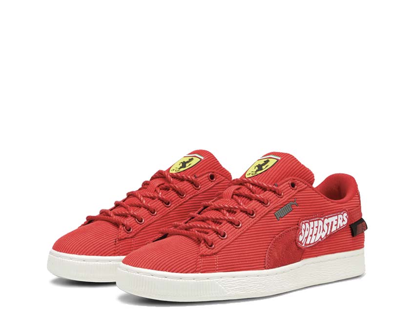 Puma Ferrari Clyde GC Rosso Corsa White vue latérale — cuir rouge Ferrari