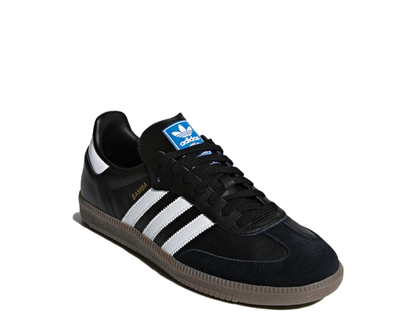 Adidas Samba OG Core Black vista lateral — 3 bandas cuero negro
