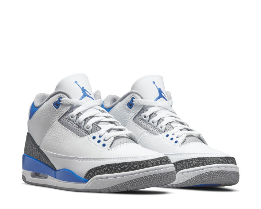 Jordan Air Jordan 3 Retro White Racer Blue vista laterale — pelle e stampa elefante