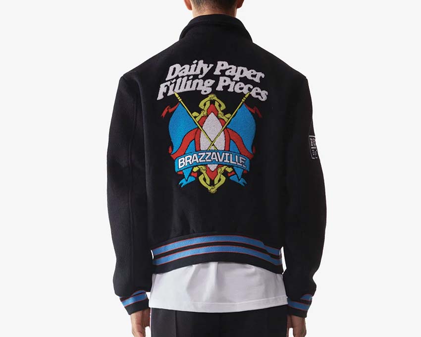 Daily Paper x Filling Pieces Varsity Jacket Black détail — fermeture avant