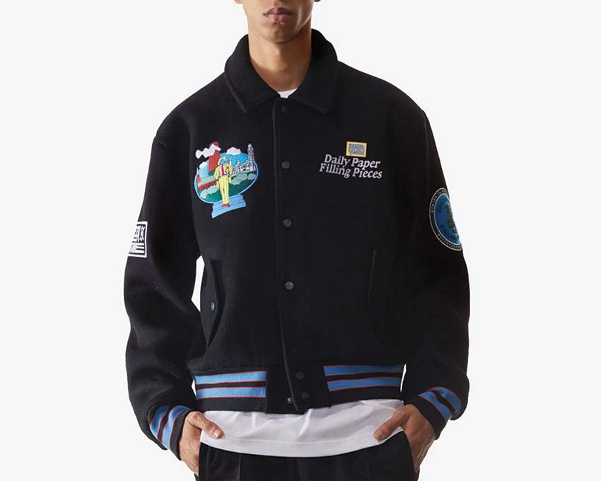 Daily Paper x Filling Pieces Varsity Jacket Black détail — broderies poitrine logo