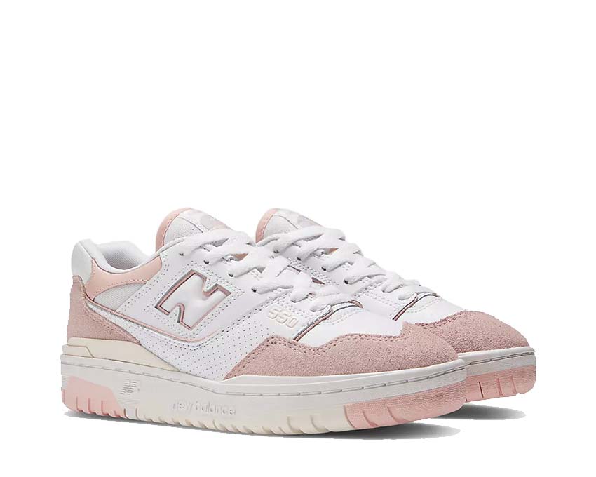 New Balance 550 W Blanc/Rose vue latérale — profil bas et semelle épaisse