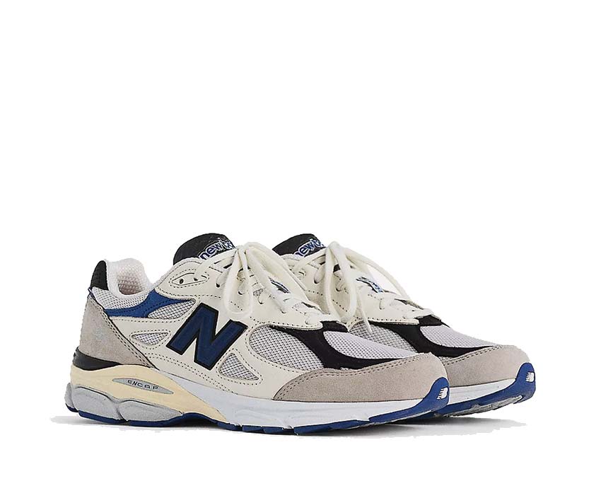 New Balance 990 White/Blue vue latérale — tige mesh et ENCAP