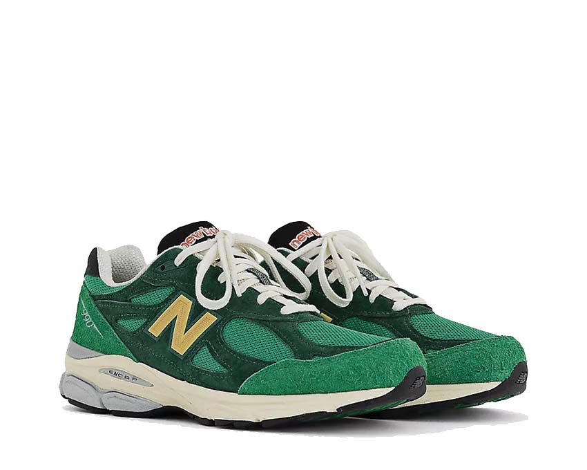 New Balance 990 Made in USA Green vista laterale — mesh e camoscio premium