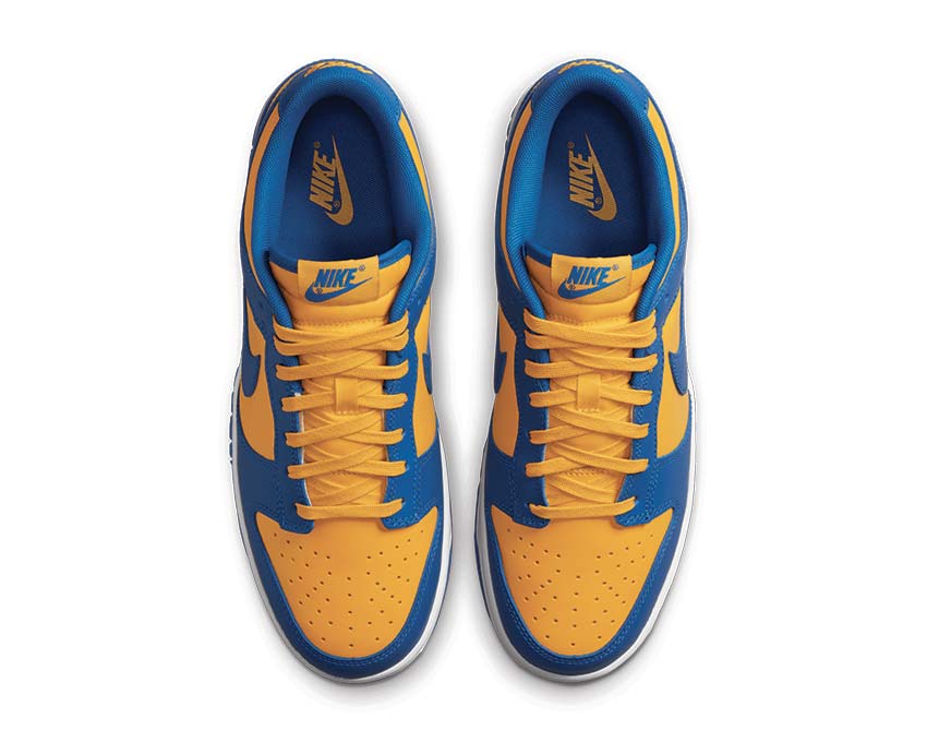 Nike Dunk Low Retro UCLA Blue Jay University Gold detalle — parte superior de cuero bicolor